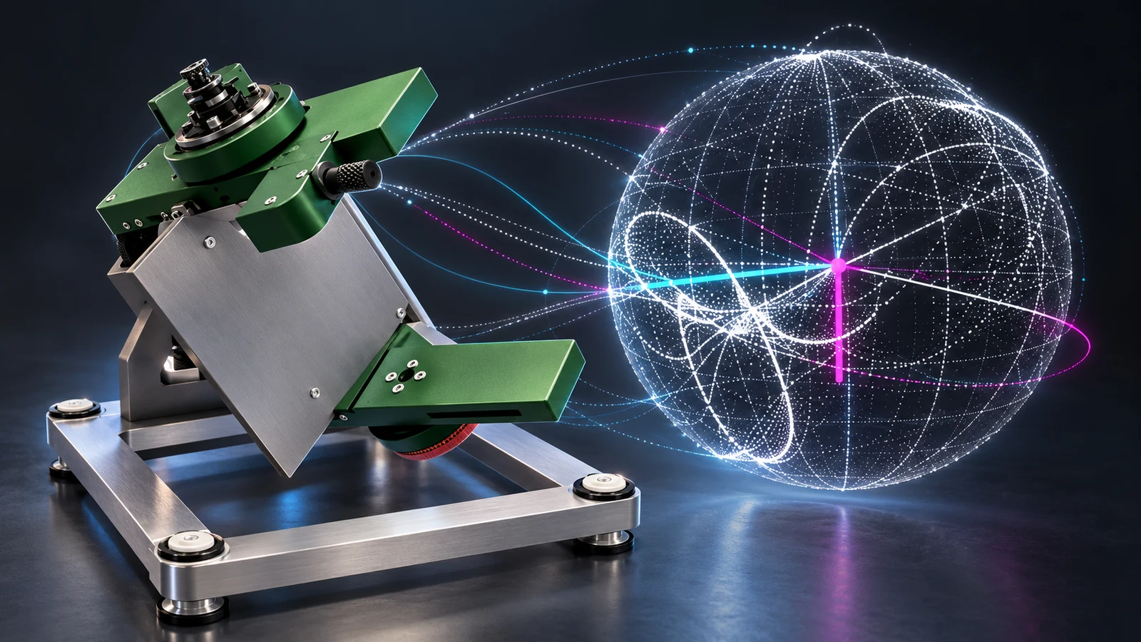 Artistic impression of a green and aluminium Yuri Gravity random positioning machine beside a luminous 3D gravity-direction sphere with cyan and magenta vectors.