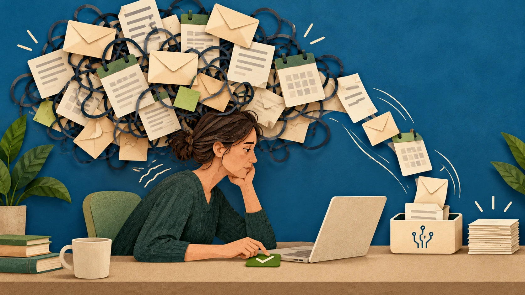 An academic sits beneath a tangled mass of emails, reminders and paperwork while an AI-assisted tray sorts some tasks, with a human approval check on the desk.